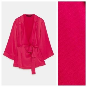 Zara fuchsia satin wrap blouse